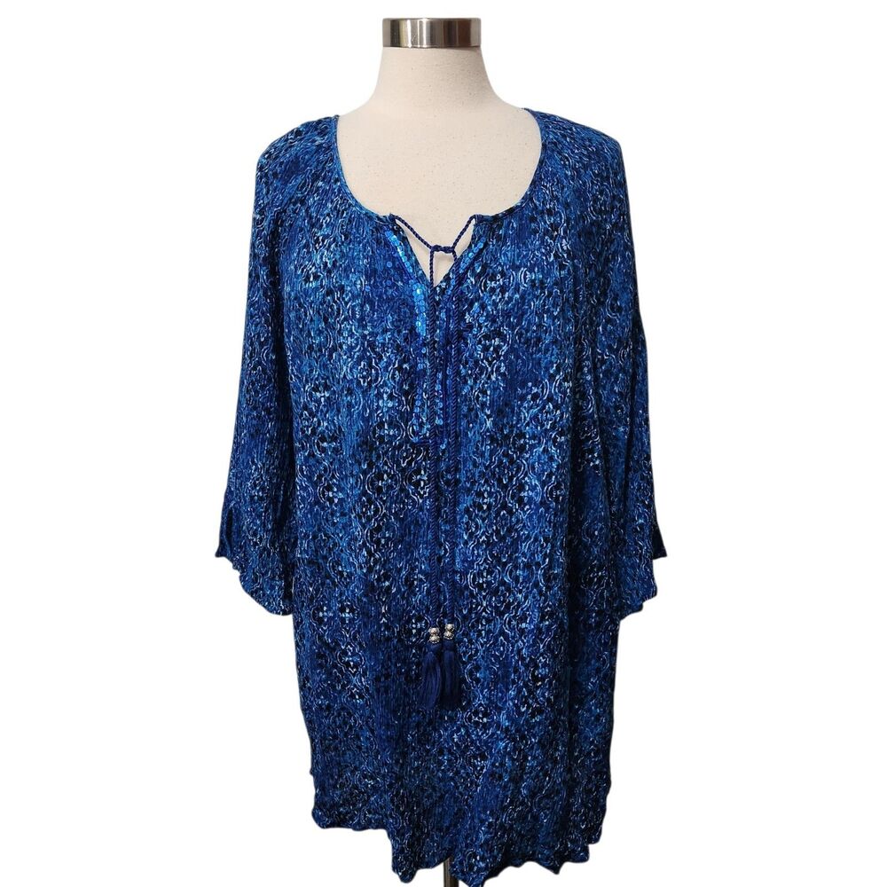 Catherines Womens Tunic Top 3X  Blue Peasant Tasseltie Sequins Pullover Stretch